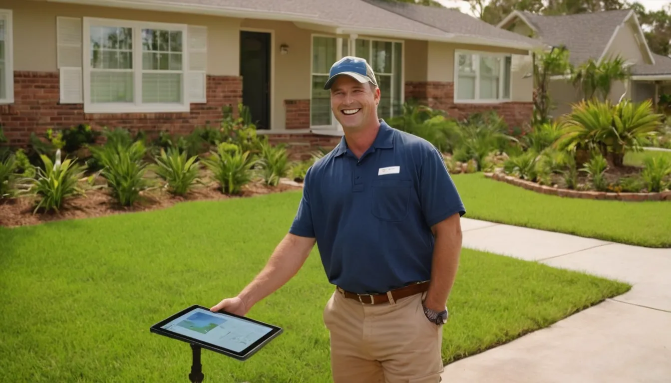 Friendly septic provider explaining repair options to a homeowner beside a ranch home in the Arlington area