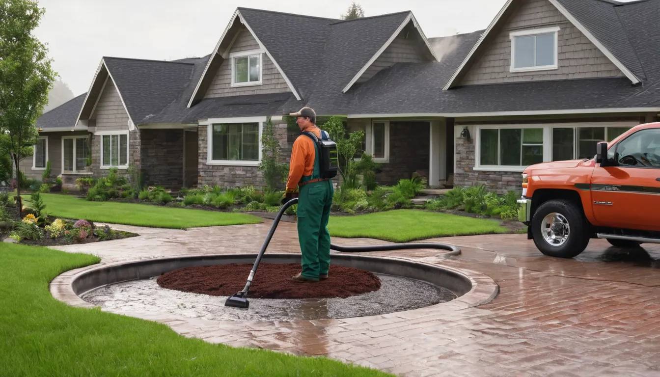 Septic pumping truck parked beside a ranch home in the Arlington area while a provider checks the tank lid