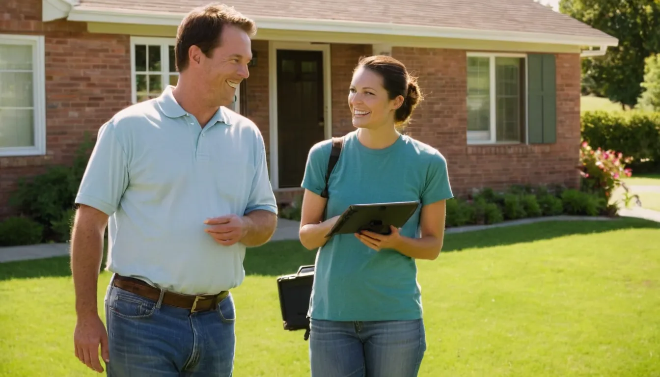 Provider reviewing a sewer line camera inspection with a homeowner outside a ranch home in Arlington